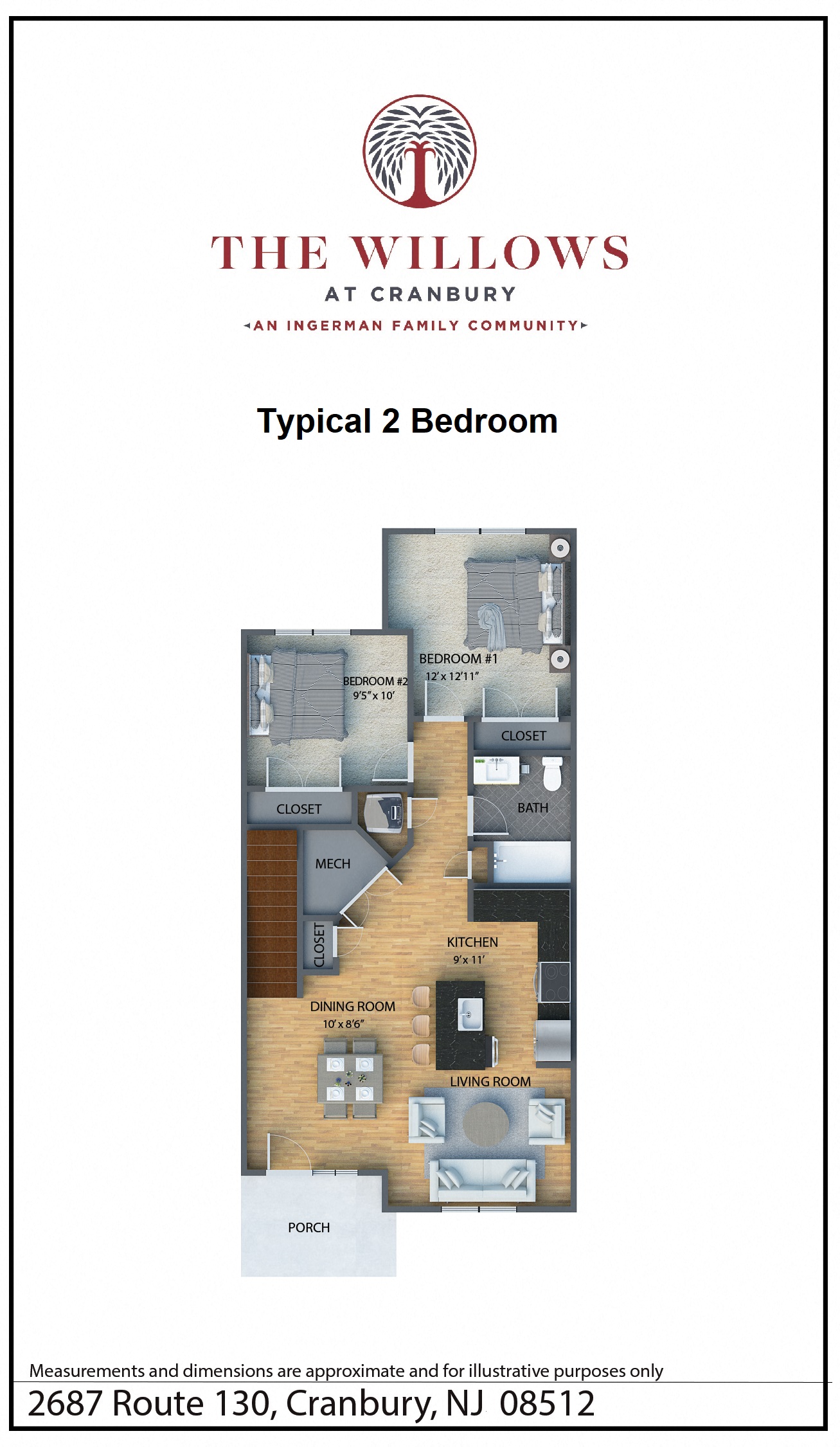 Floor plan for 2 beds, 1 bath, 948 sqft